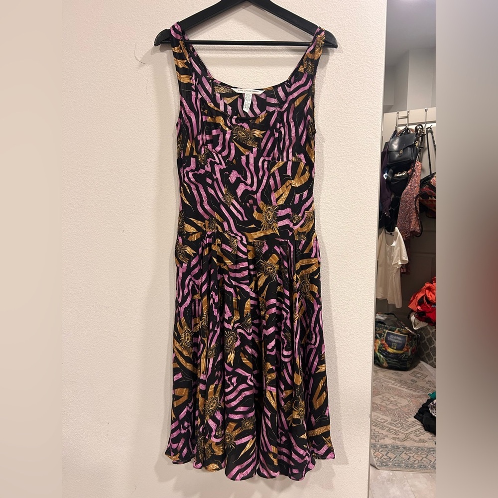 DVF Diane Von Furstenberg Black Print Silk Sleeveless Midi Dress Vintage Size 6